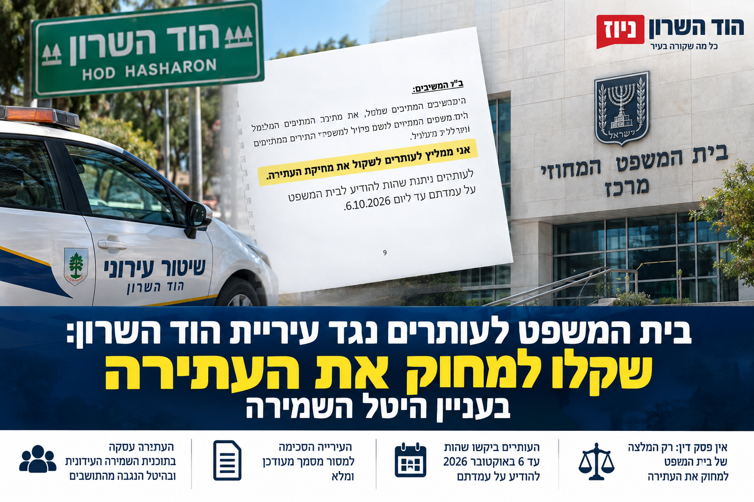 בית המשפט לעותרים נגד עיריית הוד השרון: שקלו למחוק את העתירה בעניין היטל השמירה